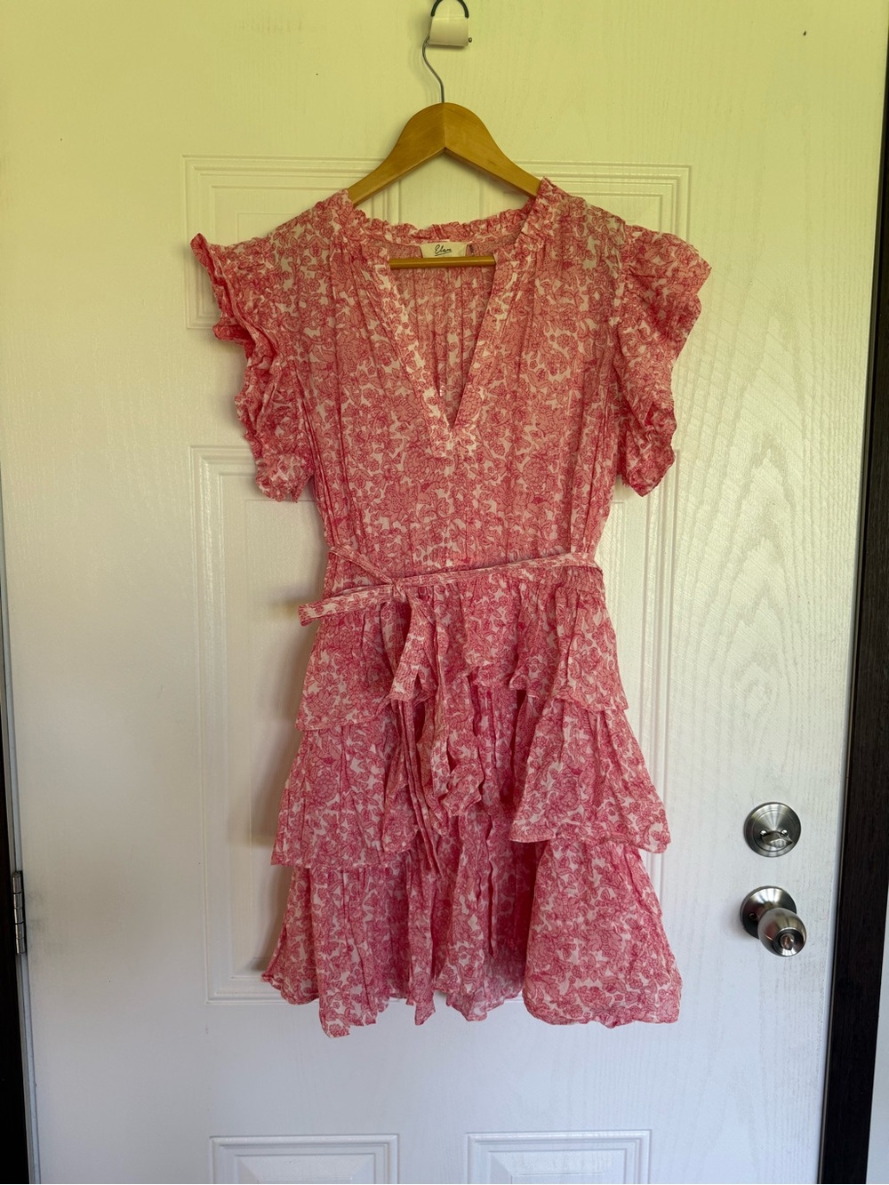 Elan pink white floral print ruffle dress - L